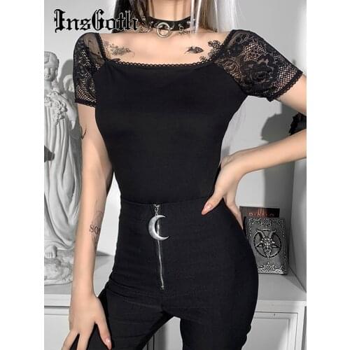 InsGoth Vintage Lace Black T Shirt Gothic Sexy Bodycon Short Sleeve Women Tops Aesthetic Elegant Square Neck Basic T-shirts