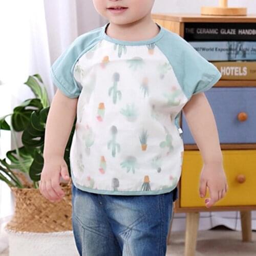 Cute Dinosaur Cactus Waterproof Short Sleeve Baby Feeding Smock Pocket Bib Apron