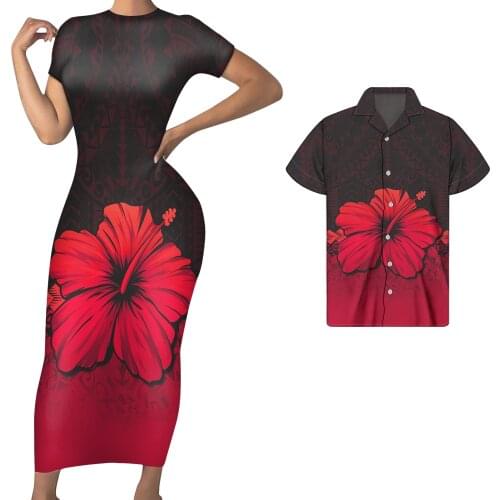 WHEREISART Red Hibiscus Women Summer Dress Maxi Dress for Ladies Short Sleeve Men Shirt Polynesian Couple Matching Set Fashion