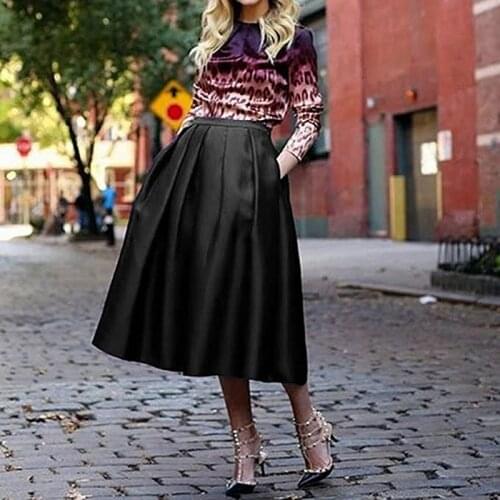 Black Satin Tea Length Satin Skirts Black Women To Formal Party High Waist A Line Skirt Zipper Ruffles Women Ready To Wear