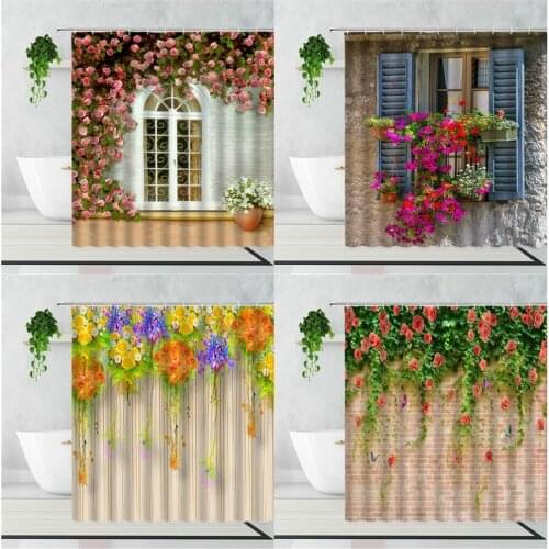 Retro Vine Flowers Window Shower Curtain Plants Flower Potted Home Decor Waterproof Bath Curtains Fabric Garden Wall Decoration