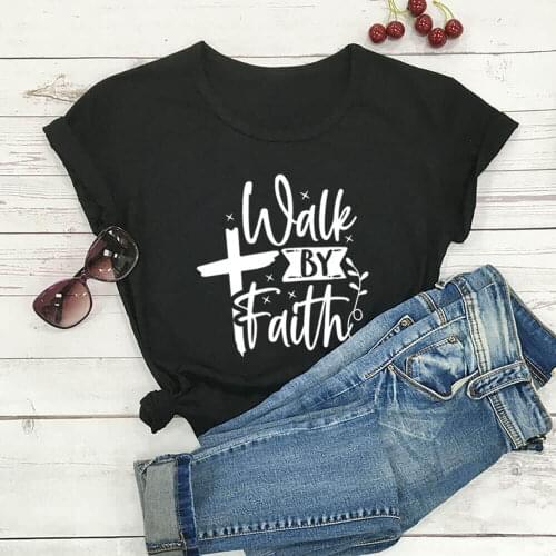 Walk By Faith Cross Graphic Print 100%Cotton Women Tshirt Unisex Funny Summer Casual Short Sleeve Top Christian Shirt Faith Tee