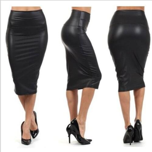 Women High Waist Faux Leather Pencil Skirt Bodycon Skirt Solid Sexy OL Office Skirts Pencil Skirt Knee Length Plus Size