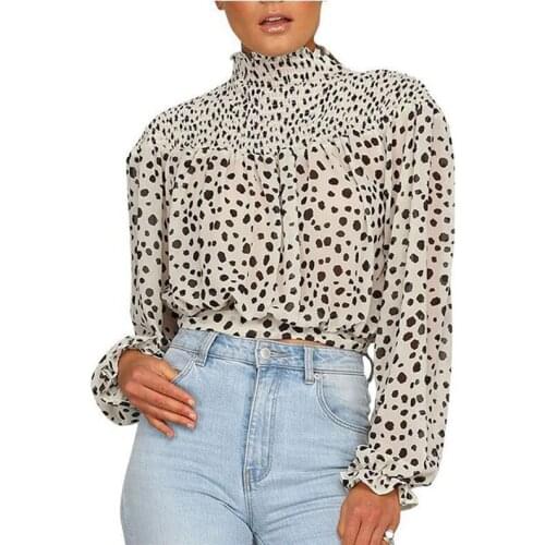 Womens Long-sleeved Polka-dot Chiffon Shirt High-neck Pleated Knotted Top Fashionable Female Wear Office Lady Wear
