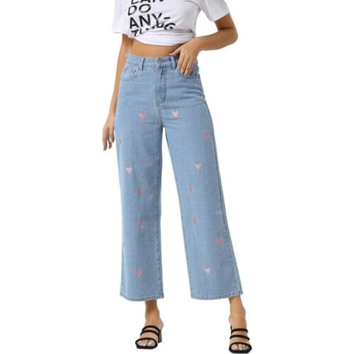 Love Embroidered Jeans Womens Fat mm Autumn 2021 New Large Size High Waist Loose Straight Wide Legs Mopping Long Pants
