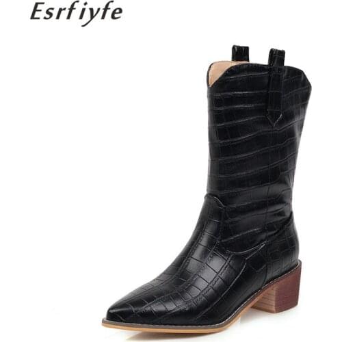 ESRFIYFE 2020 Plus Size 33-47 Women Ankle Boots Fashion Western Cowgirl Shoes Women Winter High Heels Stone Pattern Short Boots