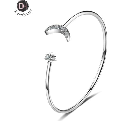Dreamhonor 925 Silver Crystal Star Moon Bangles Women Classic Handmade Silver Creative Open Cuff Bangles Jewelry