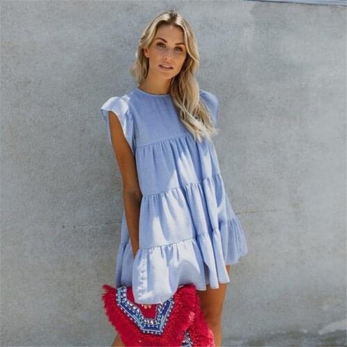 2021 Summer Women Fashion Mini Dress Solid Color High Waist Ruffled Loose Splicing Dress Causal O-neck Sleeveless A-line Vestido