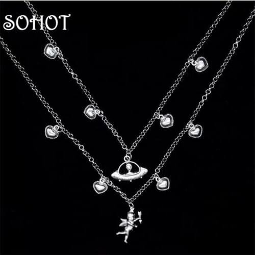 SOHOT Vintage Eros Cupid Archery Angel Alien Heart Tassel Pendant Women Choker Necklace Trendy Silver Color For Lover Jewelry