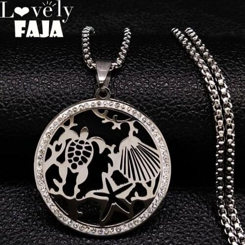 2021 Fashion Crystal Stainless Steel Chain Necklace Women Silver Color Starfish Turtle Necklace Beach Jewellery collier N18523