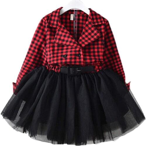 2021 Xmas Fashion Casual Newborn Baby Girls Long Sleeve Turn-down Collar Knee-Length Plaid Lace Ball Gown Princess Dress 2-7Y