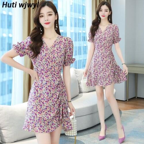 2021 Elegant Women Purple Boho Beach Dresses Bodycon Party Casual Vestidos Summer New Vintage Floral Chiffon Sexy Mini Sundress