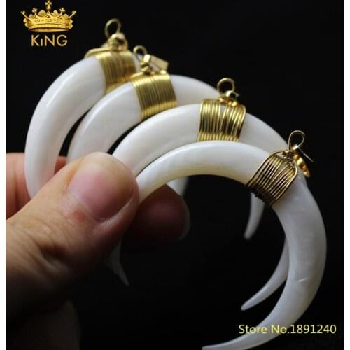 5pcs 50x46mm Large White Shell Moon Crescent Shape Pendants,Horn Shell Wire Wrapped Plated Gold Copper Charms DIY Necklace DSS61