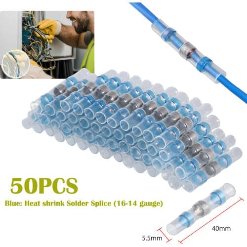 50pcs Blue Electrical Wire Connectors Seal Heat Shrink Soldering Terminals Waterproof Insulated Butt Solder Sleeve Tube