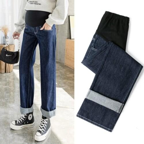 6692# Autumn Casual Denim Maternity Straight Jeans Wide Leg Loose Elastic Waist Belly Pants Clothes for Pregnant Women Pregnancy