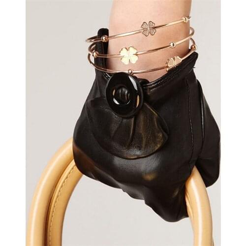 Brand Genuine Leather Gloves Fashion Black Women Sheepskin Gloves Autumn Winter Warm Wrist Buckle Driving Glove L078NQ