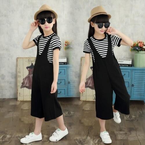 Childrens Summer Clothes Teenagers Girls Striped T Shirt Wide Leg Strap Pants Outfits Suit Kids Girls Clothes Set 10 12 14 Year