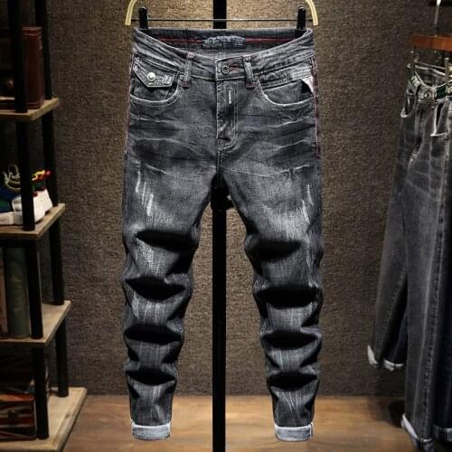 European Vintage Fashion Men Jeans Retro Black Gray Elastic Slim Fit Ripped Jeans Men Distressed Designer Casual Denim Pants