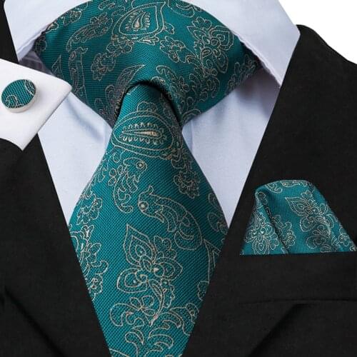 Fashion Floral Tie For Men Paisley Pattern Green Silk Men Tie Designer Formal Business Wedding Party Hanky Cufflink Necktie Suit