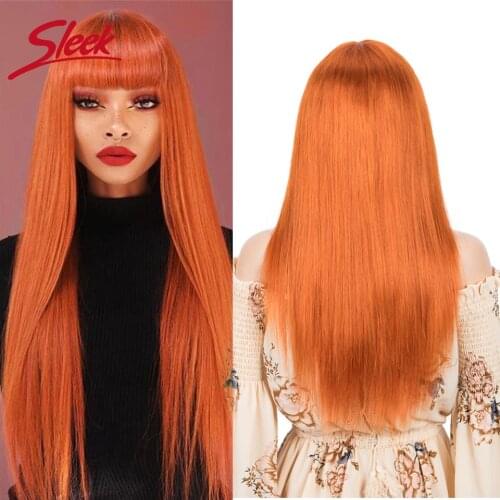 Sleek Straight Hair Wigs Orange Color Mixed P4/27/30 Color Remy Brazilian Hair Machine made Wig With Bangs Pre-colored Hair Wig