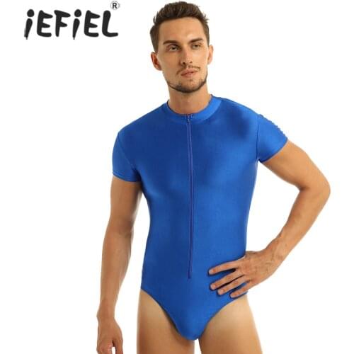 IEFiEL Mens Gymnastics Dance Costumes Front Zipper High Cut Stretch One-piece Bodycon Gymnastics Ballet Dance Leotard Bodysuit
