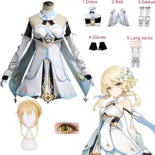 Genshin Impact Cartoon Character Lumine Cosplay Costume Lolita Maid Skirt Includes Socks Sleeves Gloves Anime Coplay Wig