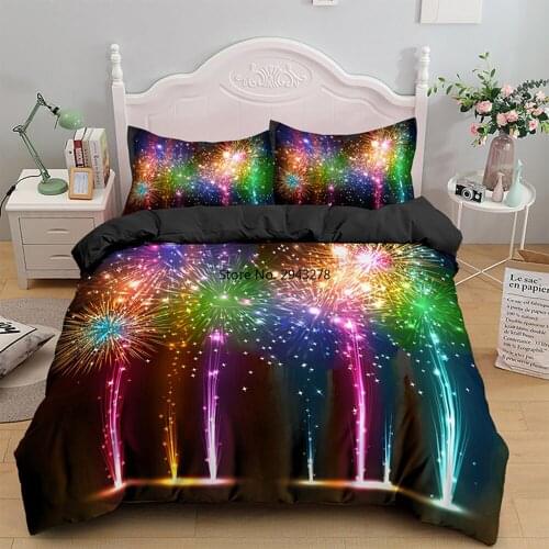 Colorful Fireworks New Year Home Textiles Black Bedding Set Twin Queen King Size Kids Bedclothes with Pillowcase Quilt Cover Set