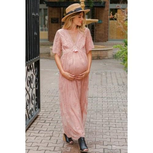 Lace Maternity Dress V-neck pregnancy dress maternity gowns for photo shoot finely made dress sexy gown for baby shower blue