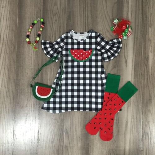 Summer Girl Plaid Watermelon Short Sleeve Dress with Sock, Purse,Bow and Necklace
