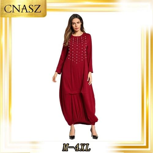 Musulman Femme Moroccan Kaftan Gown Fashion Simple Abaya Turkish Beaded Dress Middle Eastern Fashion Red Robe