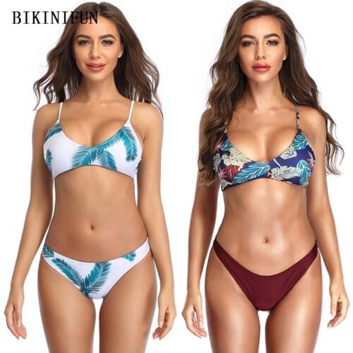 2020 New Sexy Leaves Print Swimsuit Women Scoop Neck Beachwear Backless Bathing Suit S-XL Girl Low Waist Swimwear Bikini Set
