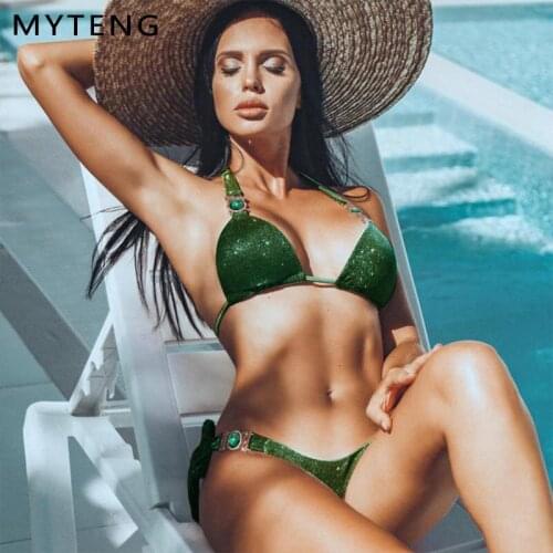 Sexy Shiny Rhinestone Bikini Set Crystal Diamond Push Up Swimwear Women Metal Chains Swimsuit Female Bandage Halter Bathing Suit