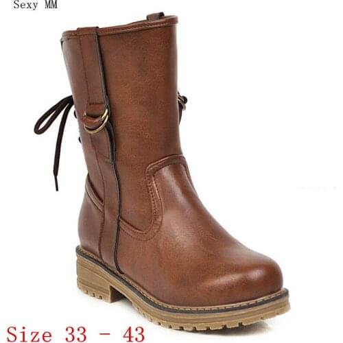 Spring Autumn Thick Low Med Heel Women Mid Calf Boots Western Shoes Woman Short Boots Small Plus Size 33 - 43