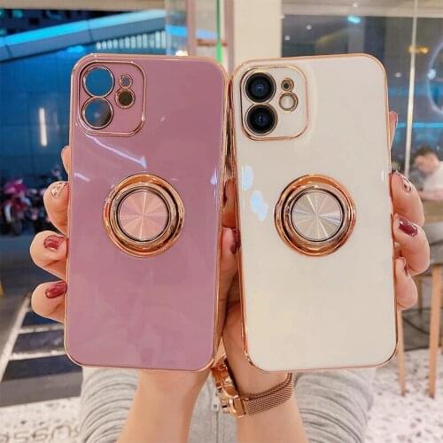 Luxury Plating Silicone Case For iPhone 12 11 Pro Max XS XR X 7 8 Plus iPhone12 iPhone11 Mini Soft Covers With Ring Holder Stand