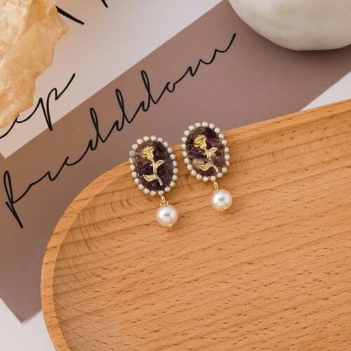 Minar Baroque Ellipse Crystal Stone Rose Dangle Earrings for Women Vintage Faux Pearl Wedding Earrings Vintage Jewelry