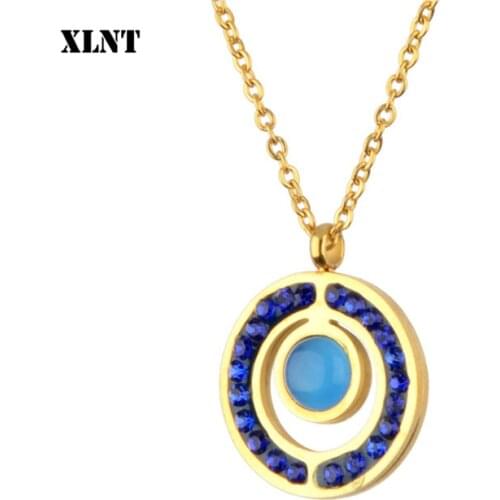 XLNT Small Round Blue Cubic Zirconia Gold Color Pendant Necklace Hot Stainless Steel Jewelery for Women and Girls