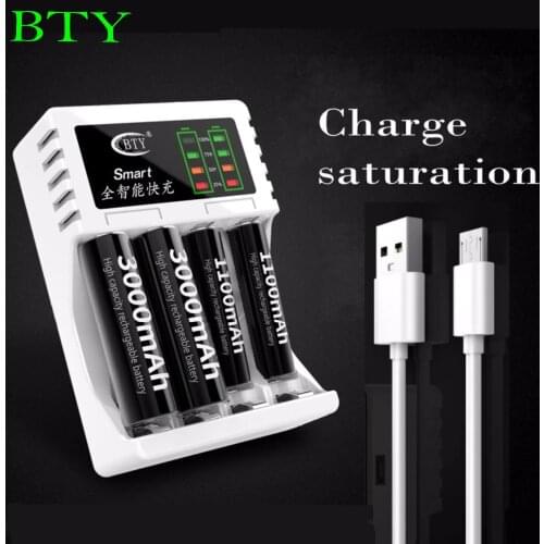 BTY USB-A3 AA AAA Ni-MH Ni-CD USB Battery Charger Universel 4 Slots LED Affichage Intelligent Chargeur de Batterie pour