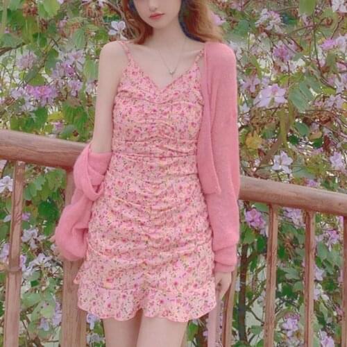 2021 Summer Pink Floral Print Strap Dress Cute Women Sweet Elegant Shirring Sexy Kawaii Female High Street Party Chic Mini Dress