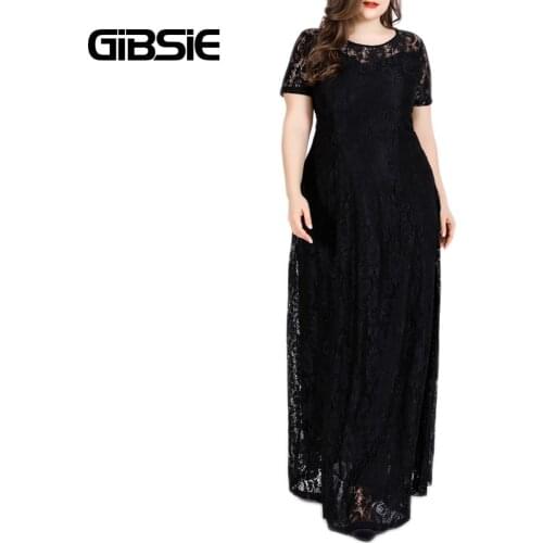 GIBSIE Plus Size 4XL 5XL 6XL Black White Elegant Lace Dress Women O-Neck Short Sleeve Prom Evening Party Long Maxi Dresses 2021