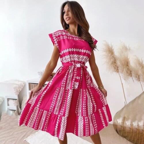 2021 Fashion Summer Midi Dress Womens Printed Sundress Casual Short Sleeve Ladies High Waist Belt Party Dresses Robe Femme