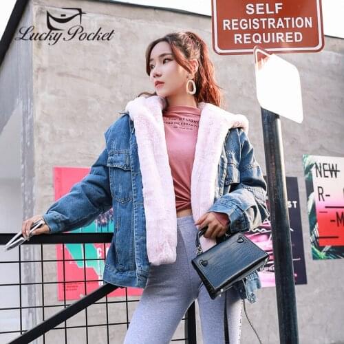 Women Winter Fashion Denim Spliced Loose Coat Female High Street Designed Warm Fur Leather Ladies Hooded New Outerwear ML1058