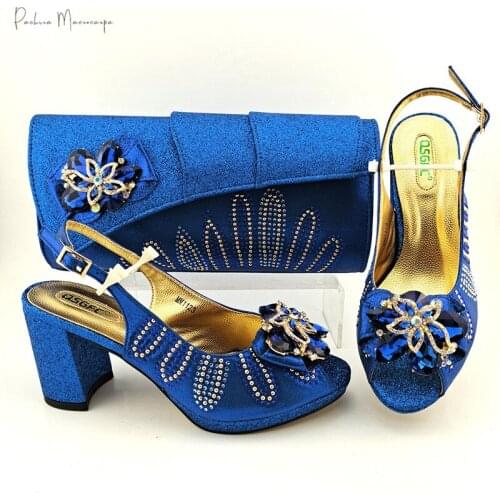 2021 Italian Design Hot Selling Fashon Rhinestone Decoration Style Women Shoes and Bag Set in Royal Blue Color for Party Wedding