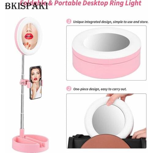 6 Inch LED Dimmable Ring Light with Mirror Stand Camera 16cm Selfie Light Ring for Selfie Makeup TikTok Video with Phone Holder