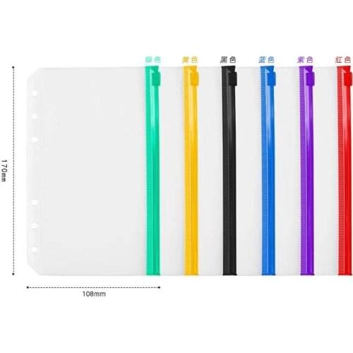 6Pcs Binder Pockets Multicolor A6 Size 6-Hole Clear Notebook Binder with Zipper Waterproof PVC Pouch Document Filing Bags