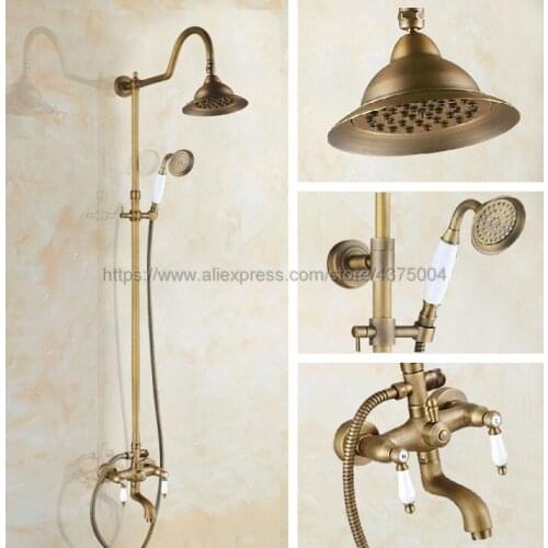 Antique Brass Bathroom Shower Faucet Mixer Wall Mounted Shower Bathtub Mixer Tap W/ Handheld Shower Nan816