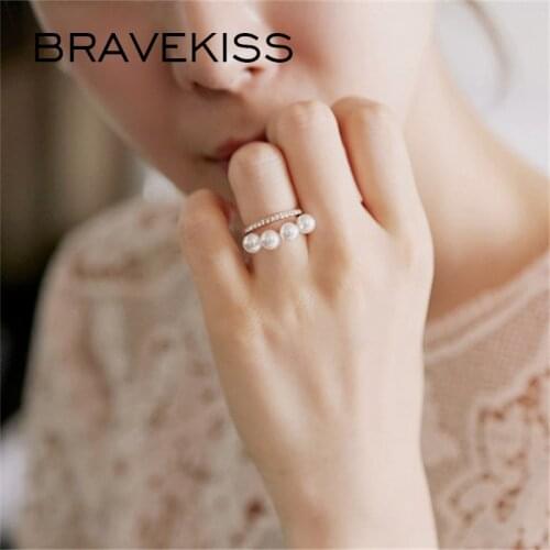 BRAVEKISS 2 Color Double Layer Elegant Simulated Pearl Rings Luxury CZ Stone With Open Ring Fashion Jewelry For Women PR0199