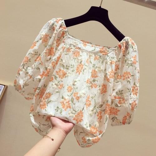 Emrboidery Chiffon Women Blouse Summer New 2021 Square Collar Lantern Sleeved Loose Elegant Office Lady Pulls Outwear Tops