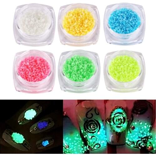 6 color/ Nail Fluorescent Luminous Glitter Sand Paint 3D 1mm Spar Acrylic Neon Glow In Dark Particles DIY Manicure Design Decor