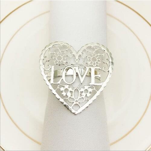10pcs/lot Hot sale napkin ring heart-shaped hollow napkin buckle golden napkin ring wedding Valentine’s day table decoration