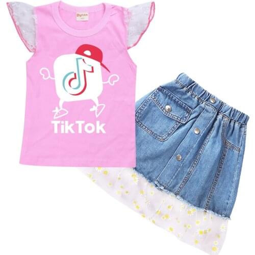 TIK TOK Girls Clothes Set Suits Short T Shirt + Dress Sets Cartoon Girls Party Clothes Set